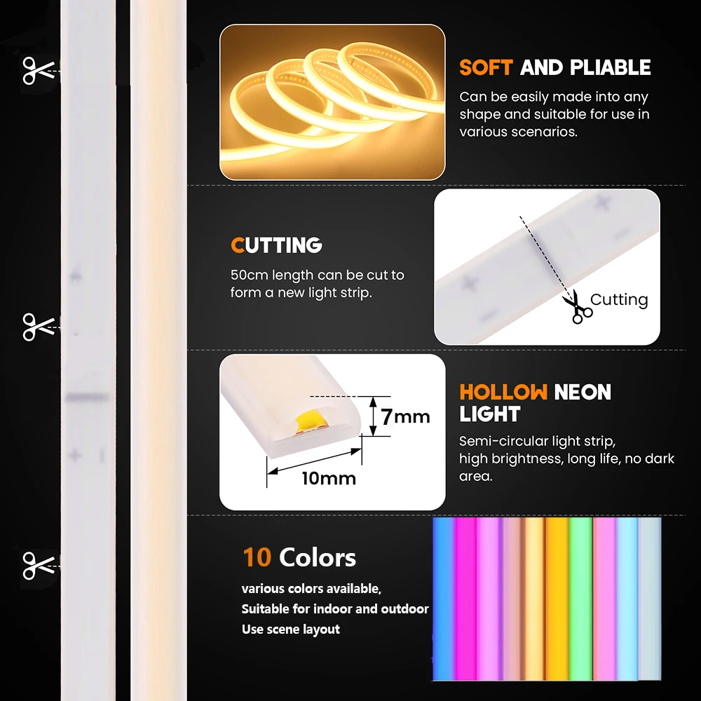 220V Switch COB LED Neon Strip Light 288LED AC EU Power Plug Kit White Pink Red 10 Color Waterproof Flex Tape Home Kitchen Decor