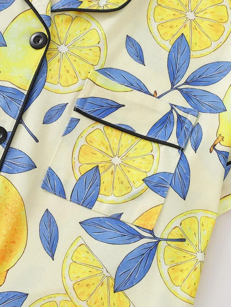 Women Lemon Print Pajama Set Collared Short Sleeve Top And Loose Shorts Vacation Style Sleepwear