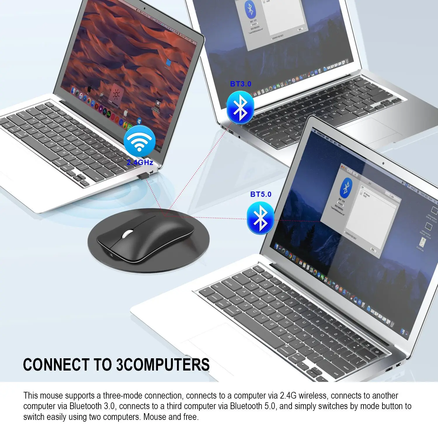 Souris sans fil silencieuse rechargeable |   Souris optique Bluetooth et 2.4G bimode pour le bureau et les jeux