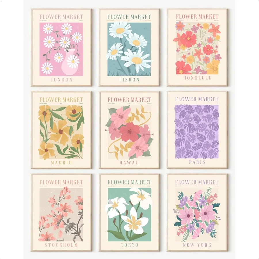 

Flower Market Posters Set of 9 Minimalist Flower Market Wall Art Prints Vintage Flower Pictures Wall Decor Abstract Canvas Colo