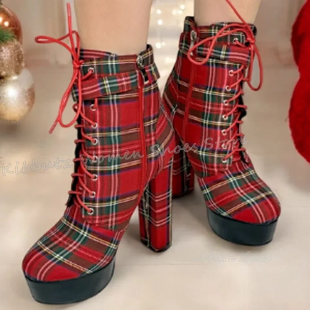 

Red Plaid Ankle Boot Belt Buckle Platform Genuine Leather Mixed Color Lace-Up Fashion Elegant Concise Sexy Women Shoes Round Toe