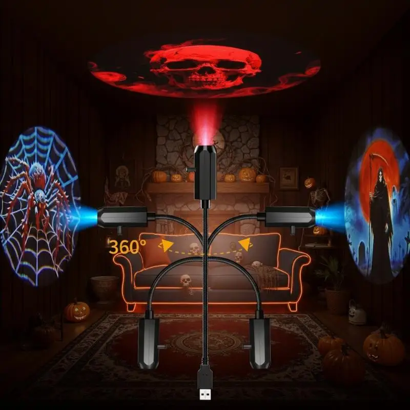 USB Halloween Projector Lamp 6 Dynamic Rotatable Patterns LED Atmosphere Light for Holiday Party Outdoor Decor