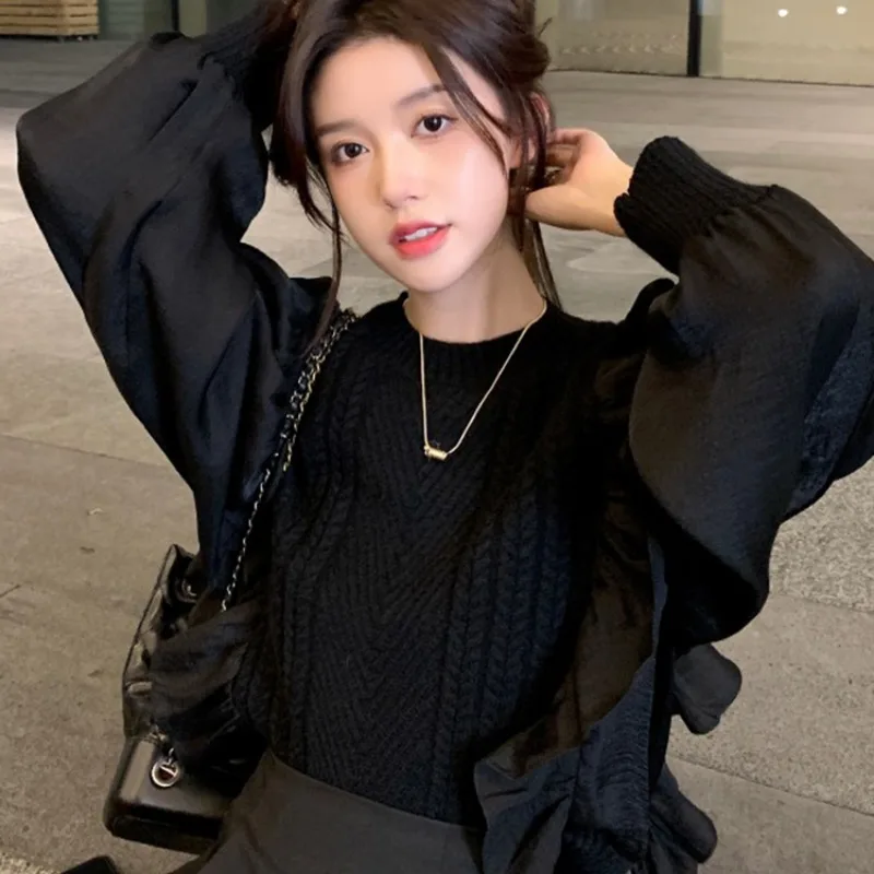 Pullovers Women Two Fake Pieces Sweaters Designs Knitwear Solid Slouchy Stylish Ulzzang Ruffles Elegant Temperament Harajuku New