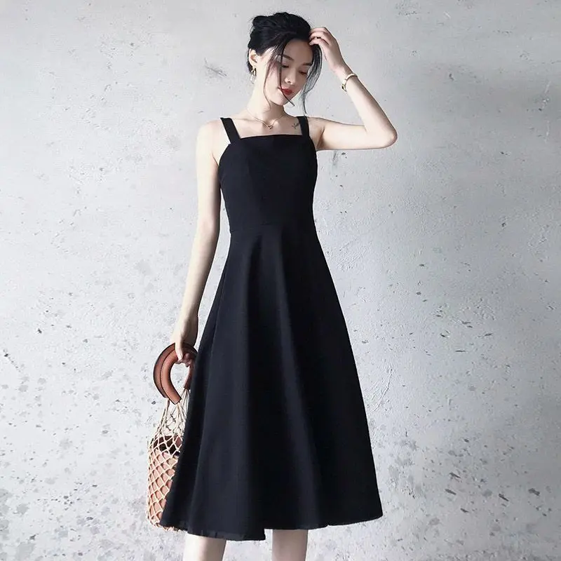 Women's Summer Graceful Black Tank Midi Dress 2025 New Lady Sleeveless Slim Dresses Basic Joker Simple Solid Gown Female