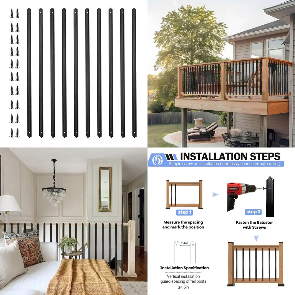 

36 Black Metal Deck Balusters, 50 Pack Stair Railing Spindles with Screws for Outdoor Staircases