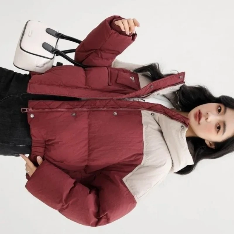 Winter Warmth Puffer Jacket Women's New Down Jacket Trend Patchwork Hooded Oversized Cropped Jackets for Women Zipper Outerwear