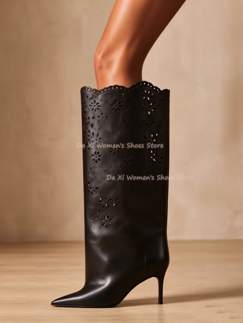 Black Laser Cutout / Openwork Flowers Pattern Knee-High Boots Pointed Tip Stiletto Heels Scalloped Edge Slip-On Tall Boots 2026