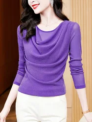 2024 All-match Elegant Shirring Female T-shirt Autumn Winter Woman M-3XL Long Sleeve Solid Swing Collar Slim Fashionable Female