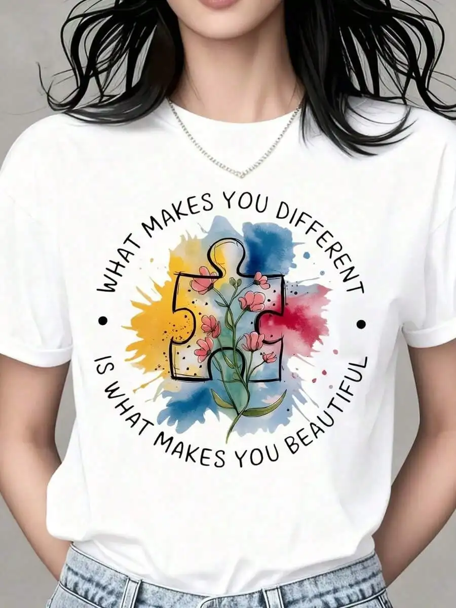 What Makes You Different Is What Makes You Beautiful Autism Awareness Puzzle Piece Flower Design T-Shirt For Women Men Unisex Gift For Autistic People Special Needs Awareness Day Celebration Wear