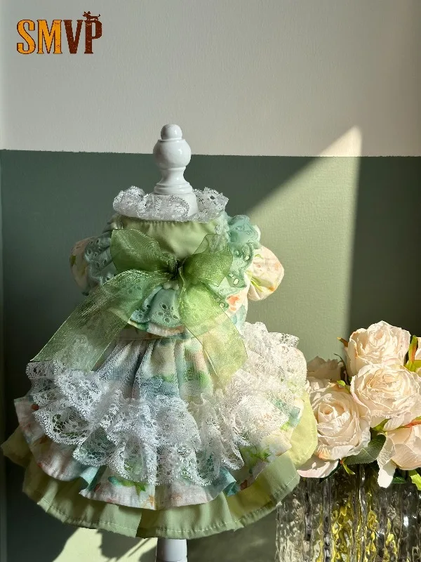 

Original Design Summer Green Gradient Color Lace Decorative Bubble Sleeve Lolita Princess Dress Pet Kitten Small Dog Dress