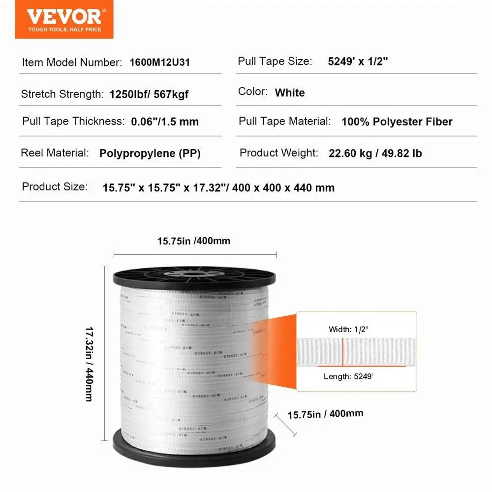 Polyester Pull Tape, 1/2" x 5249` for mule Tape Flat Rope, 1250 lbf Tensile Capacity, Printed Webbing Cable Pulling Tape for