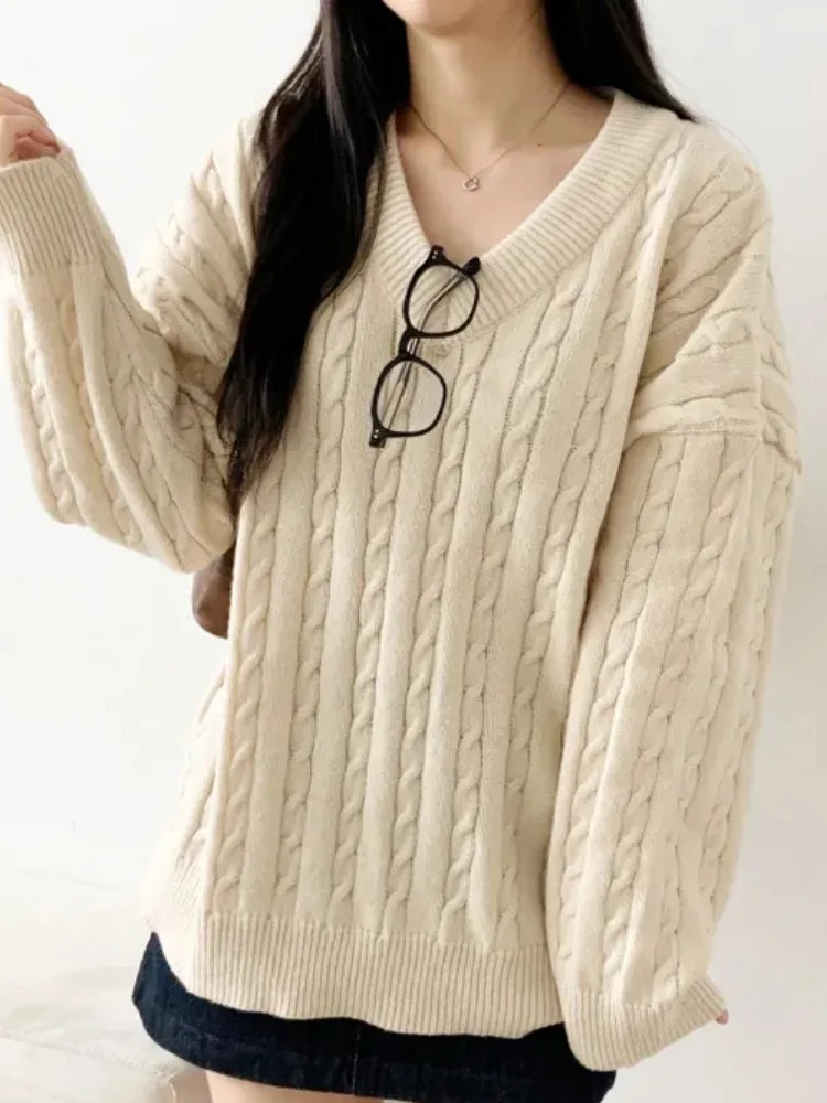 

Шикарный осенне-зимний свободный свитер средней длины, винтажный вязаный свитер, простой V Ne, универсальный вязаный свитер для женщин