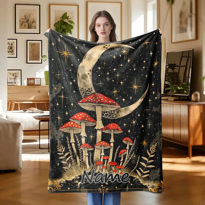 1Pc Custom Name Text Moon Mushroom Starry Night Flannel Blanket Suitable for Sofa Bed Living Room Bedroom Office Study Decor