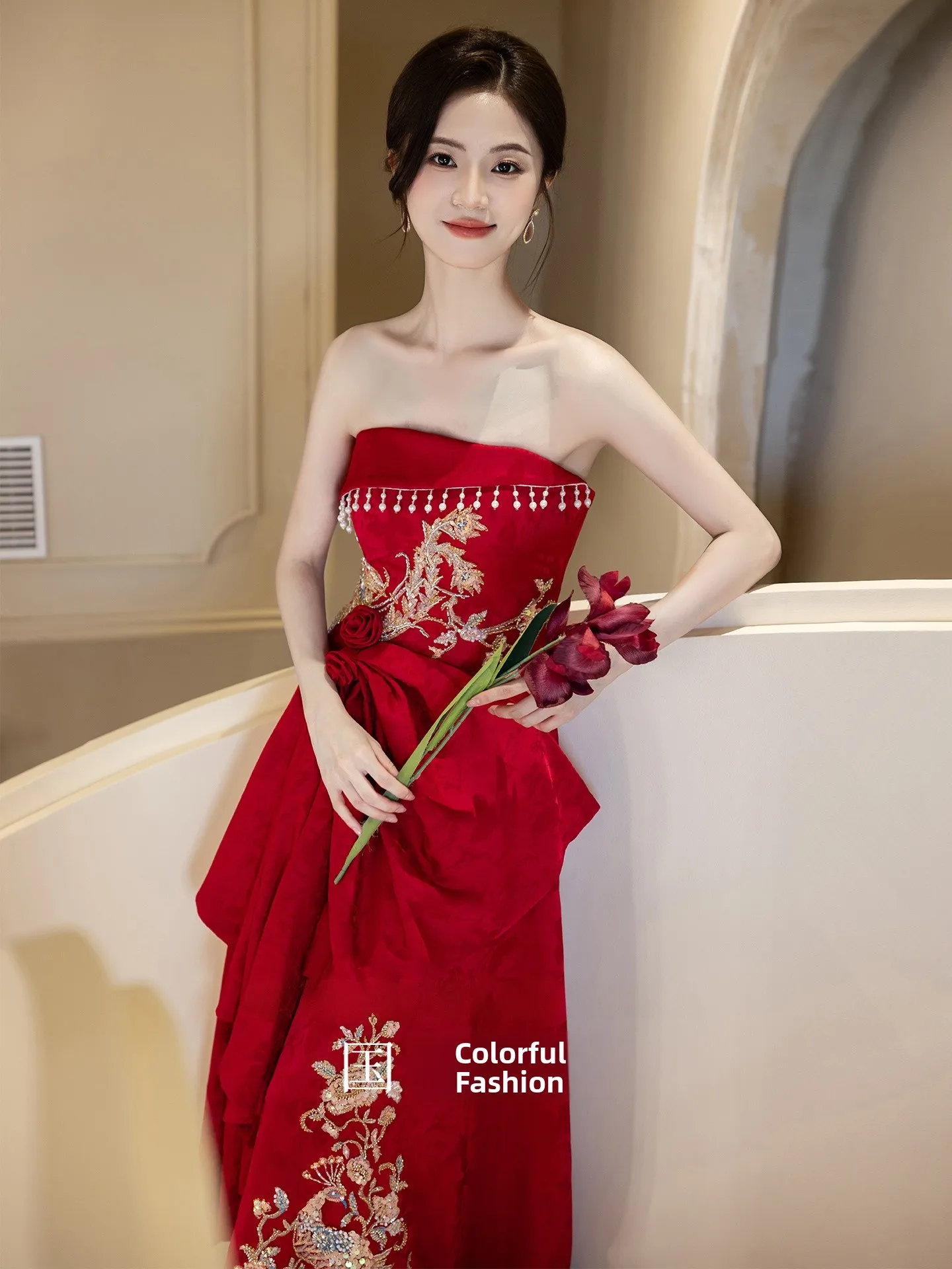 

Red Bridal Evening Gown Embroidered Wedding Dress for Engagement Party Korean Style Strapless Ball Gown Polyester Fabric