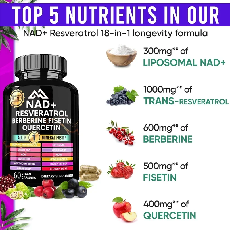 NAD supplement capsules containing liposomal NAD+, trans resveratrol, quercetin, betaine, grape seeds, fennel