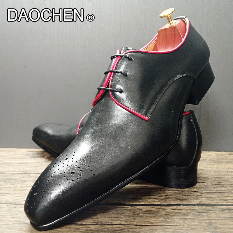 LUXURY BRAND MEN GENUINE LEATHER SHOES BLACK BLUE POINTED DERBY OXFORD LACE UP MEN DRESS WEDDING OFFICE FORMAL SHOES MEN