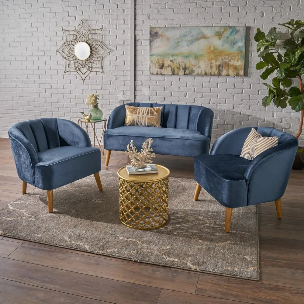 Living room set, 3-piece modern velvet sofa chat set, navy blue sofa living room set