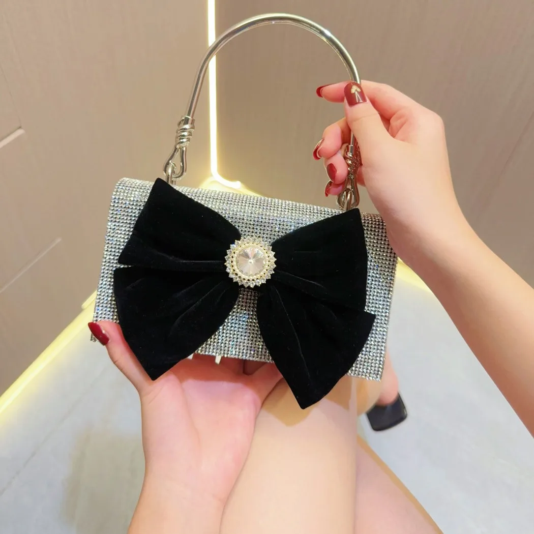 Black Velvet Cloth Bow Evening Bag Fine Fashion Silver Color Shining Diamond Small Square Handbag Wedding Party Clutch For Women