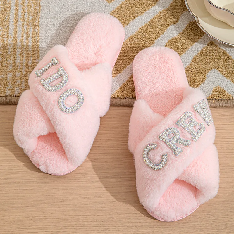 BRIDE Fluffy Slippers Wedding Bachelorette Party Gift Bridesmaid Open Toe Slippers Indoor image 3