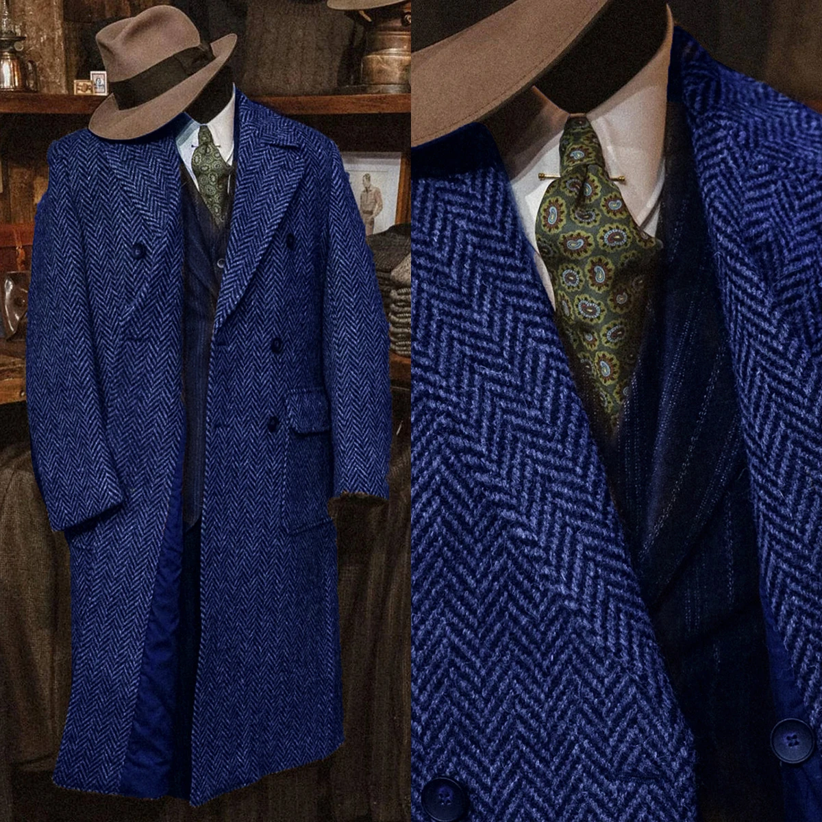 Classic Navy Blue Herringbone Tweed Double-Breasted Overcoat with Flap Pockets Men Autumn Vintage Long Coat Customized M-M10159
