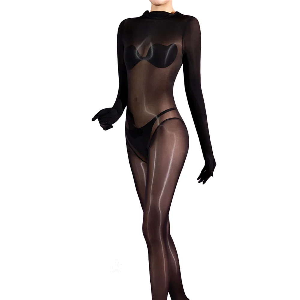 

High Neck Cover Head Women's Jumpsuit Sexy Sheer See Through Oil Shiny Glossy Bodysuit Woman Shaping Glove Sleeve Tights