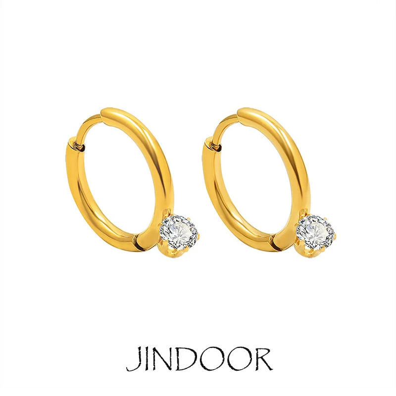 JINDOOR Titanium Steel Gold-Plated Hoop French Circle Inlaid With Sparkling Zirconia ColorfastTrend Delicate Female Earrings