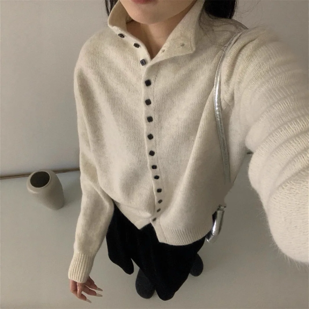 Autumn Winter Women Stand Collar Button Down Knit Cardigan Sweater Korean Style Casual Knitwear Solid Color Soft Knitted Top