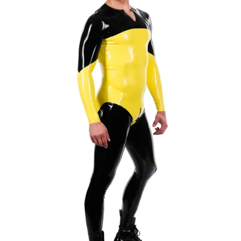 Geel en zwart sexy latex catsuit met voeten kruis aan de achterkant rits pak rubberen bodysuit zentai overall