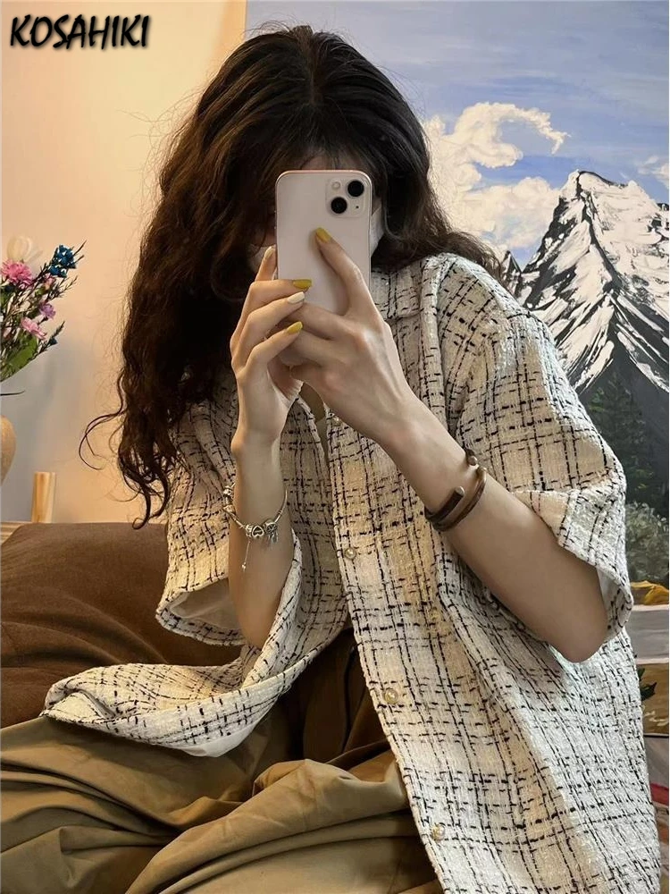 KOSAHIKI Korean Fashion Casual All Match Plaid Shirt Women Short Sleeve Loose Blouse 2024 Harajuku Streetwear Blusas Haut Femme