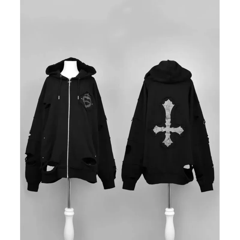 

25COSJapanese Mine Cross Embroidery Retro Subculture Ripped Hoodies Women Goth Punk Style Oversized Hoodie Sweet Cool Y2K Sweats