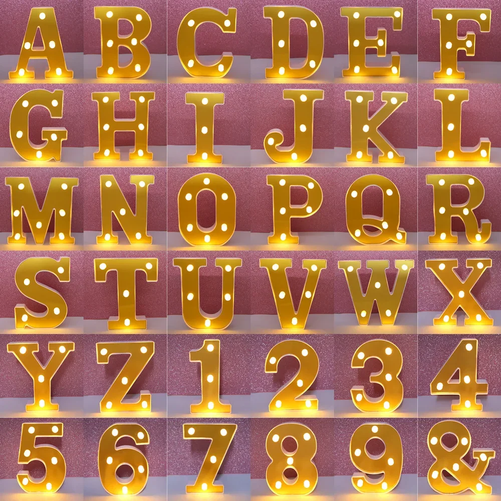 16CM Gold Luminous Letters 26 English Letters with Lights Creative Alphabet Number Battery Lamp Romantic Wedding Party Decor