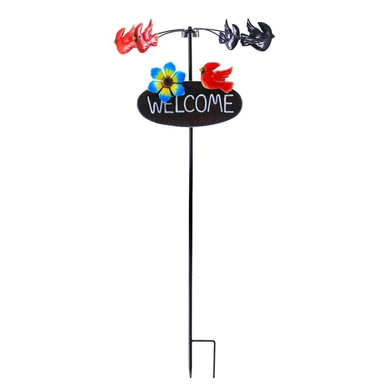 1 Piece Garden Stake Rotary Flower Bird Windmills Lawn Ornament With Welcome Sign As Shown For Patios Parks Lawn