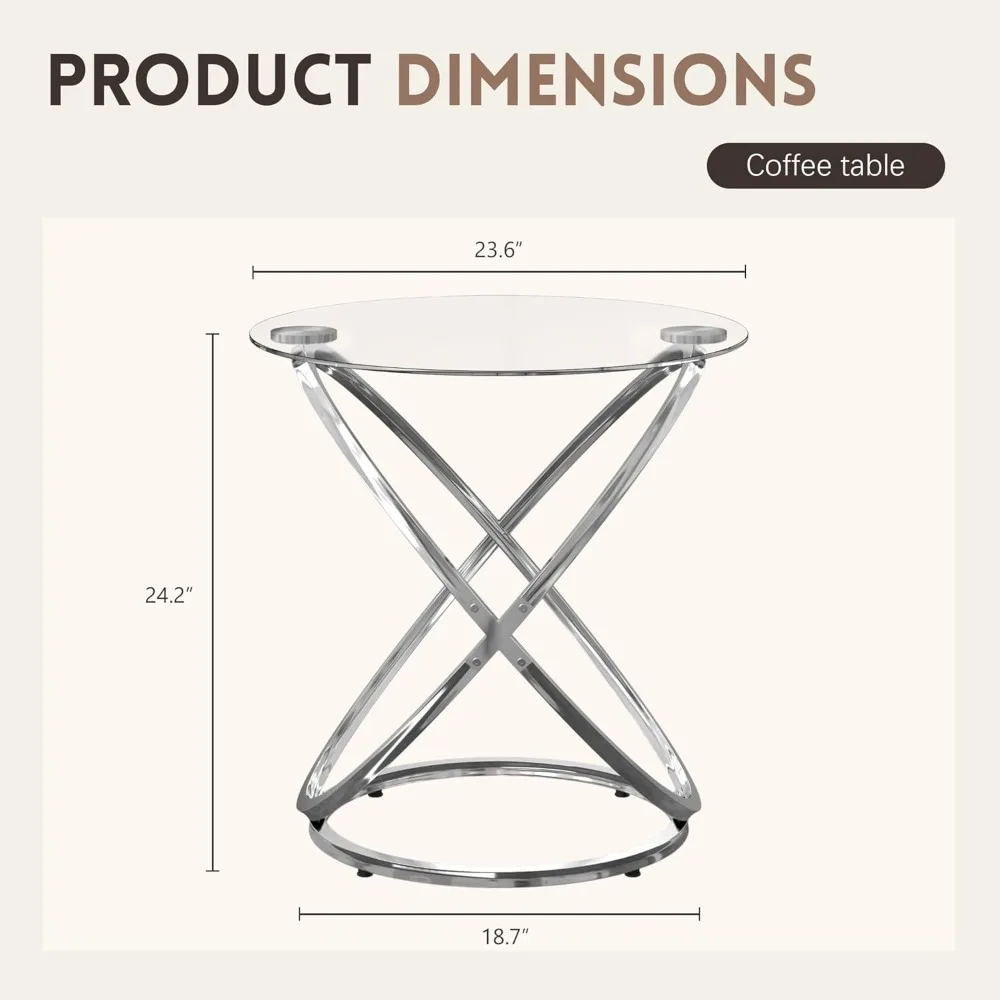 커피 테이블, 링 실버 메탈 프레임이 있는 모던 엔드 테이블, 장식용 원형 유리 커피 테이블, 작은 실버 커피 테이블