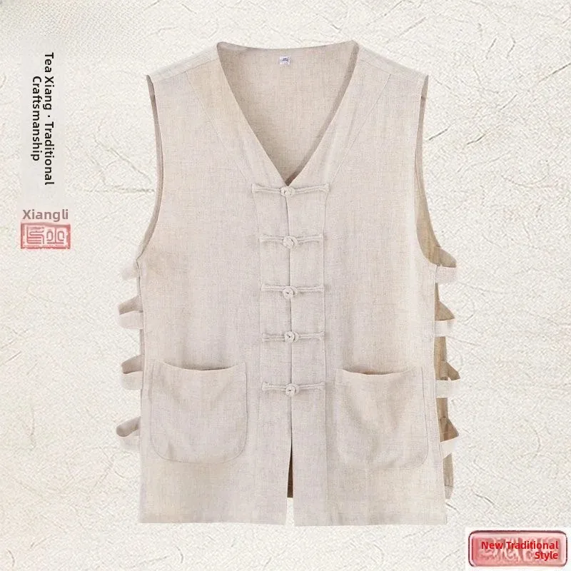 Chinese Style Linen Button down Sweat Vest Old Beijing Jacket Men's Gown Grandpa Han Shirt Shaanxi Waist Drum Shoulder Pad