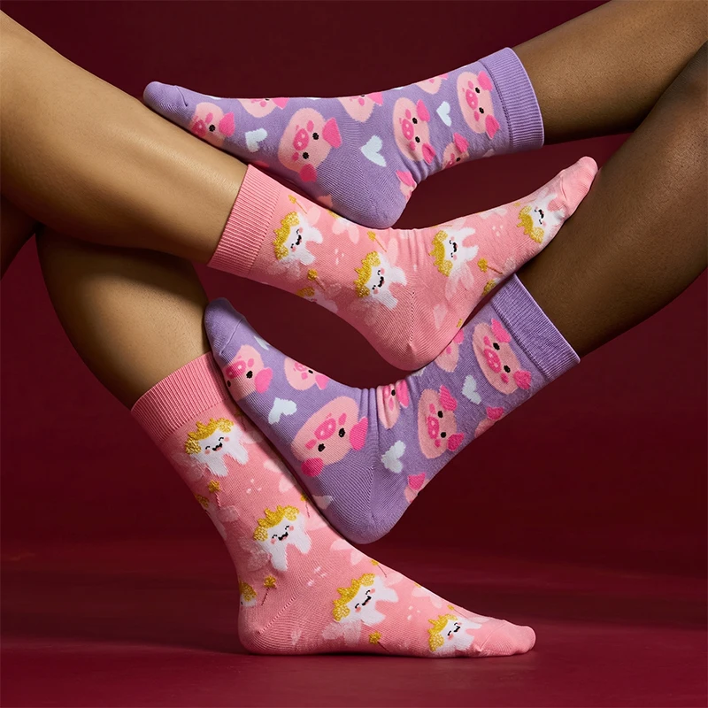 2 Pairs of Unisex Socks with Fairy/Piggy Heart Patterns on Pink/Purple Backgrounds, Solid Color Ribbed Cuffs, Polyester, Breathable, Fun, Mid-Calf Socks, Suitable for Everyday Wear