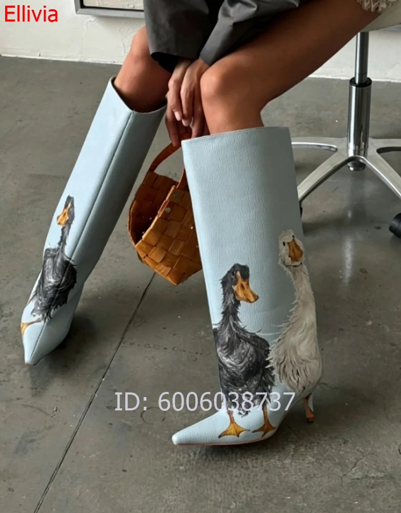 Women Light Blue Knee High Boots Leather Duck Goose Animal Print Pointed Toe Stiletto High Heel Fashion Ladies Party Tall Boots