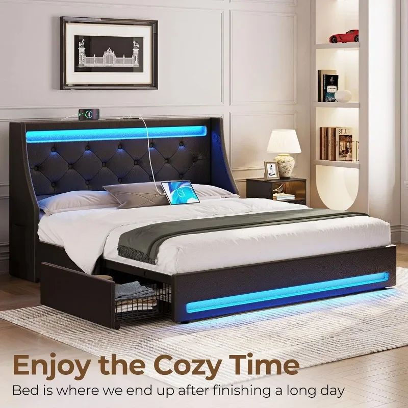 ZHENXIANG Queen Bed Frame with LED Lights and Charging Station, Upholstered Bed with Drawers, Wooden Slats,  Easy Assembly