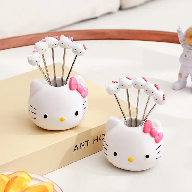 Creatieve schattige Hello Kitty fruitvorkset Roestvrijstalen kinderveiligheid fruitvork Desktop opslagpot ornamenten Vakantiecadeau
