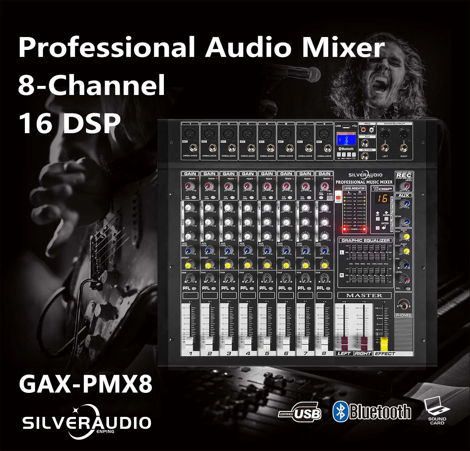 GAX-PMX8 Professional 500W Audio Mixer +48V Phantom Power 16DSP Effects Blueteeth USB Computer Play Recording Power Mixer