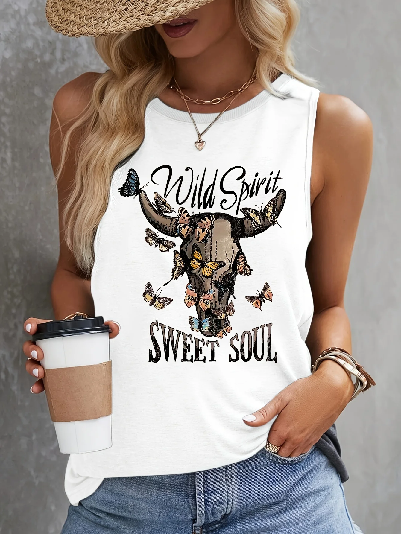 Cow Head Print Tank Top Sleeveless Casual Top For Summer & Spring  Women's Clothing