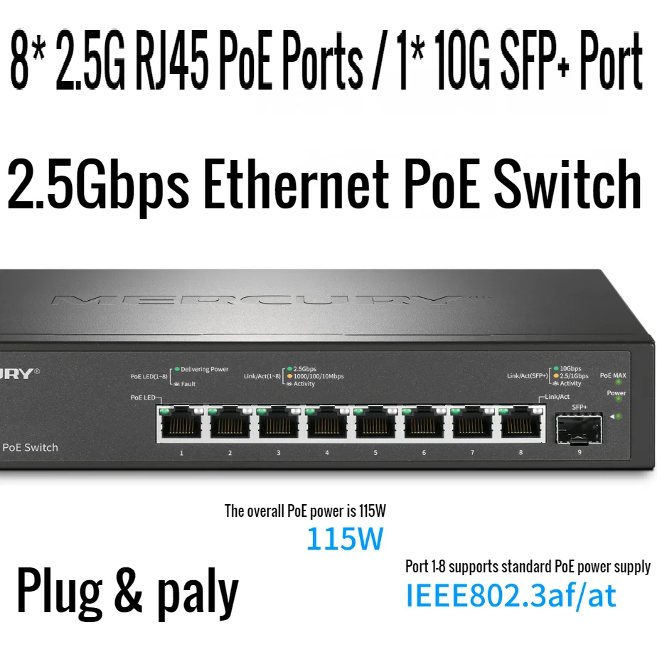 

8*2500Mbps RJ45 Ports 1/2.5/10Gbps SFP+ Port Desktop Ethernet PoE Switch 2.5 Gigabit Ethernet Network Switch IEEE802.3af/at 115W