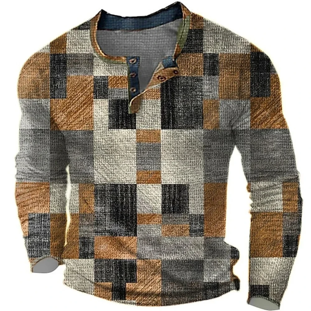 New Color Block Patchwork 3D Printed Henley Shirts Men\'s Fashion Vintage Button-Down Long Sleeve T Shirt Man Tees Tops Clothing