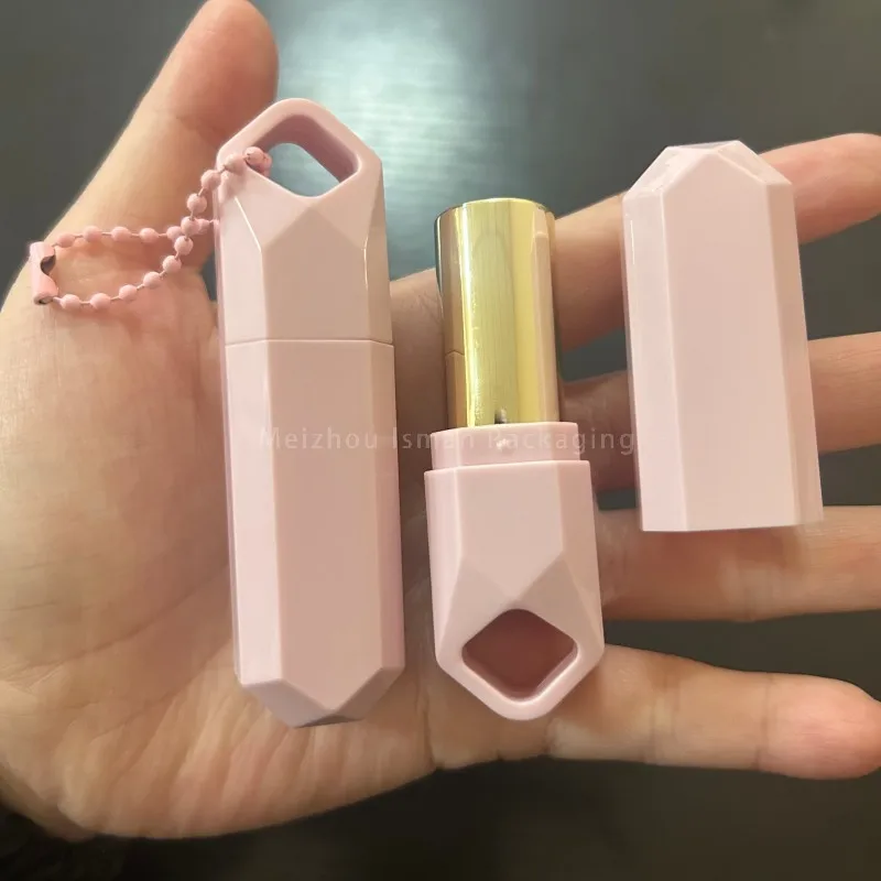 50Pcs Luxury Pink Diamond Shape Lip Stick Tube Case Empty Lipstick Cosmetic Container Packaging for Wholesale with Chain