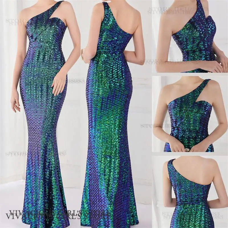 Sexy Sequined Evening Dress Qipao One Shoulder Sleeveless Bodycon Prom Ball Gown Women Socialite Formal Party Dress Vestidos