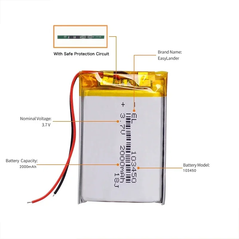 PURFIELD High Capacity 3.7V 103450 2000mAh Rechargeable Polymer Lithium Battery for PS4 Cameras GPS navigator Bluetooth Speakers