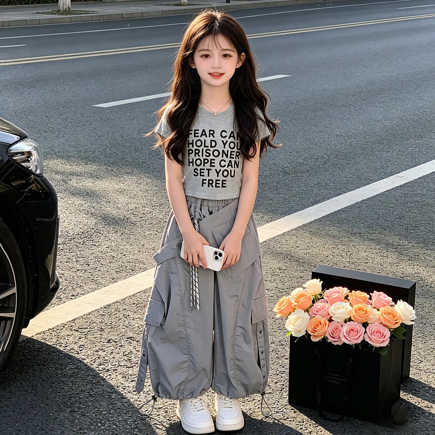 Kids 2026 Summer Outfit New Teens Girls' Fashion Letter Printed Short Sleeve T-shirt and Butt Curtain Loose Work Pants Set