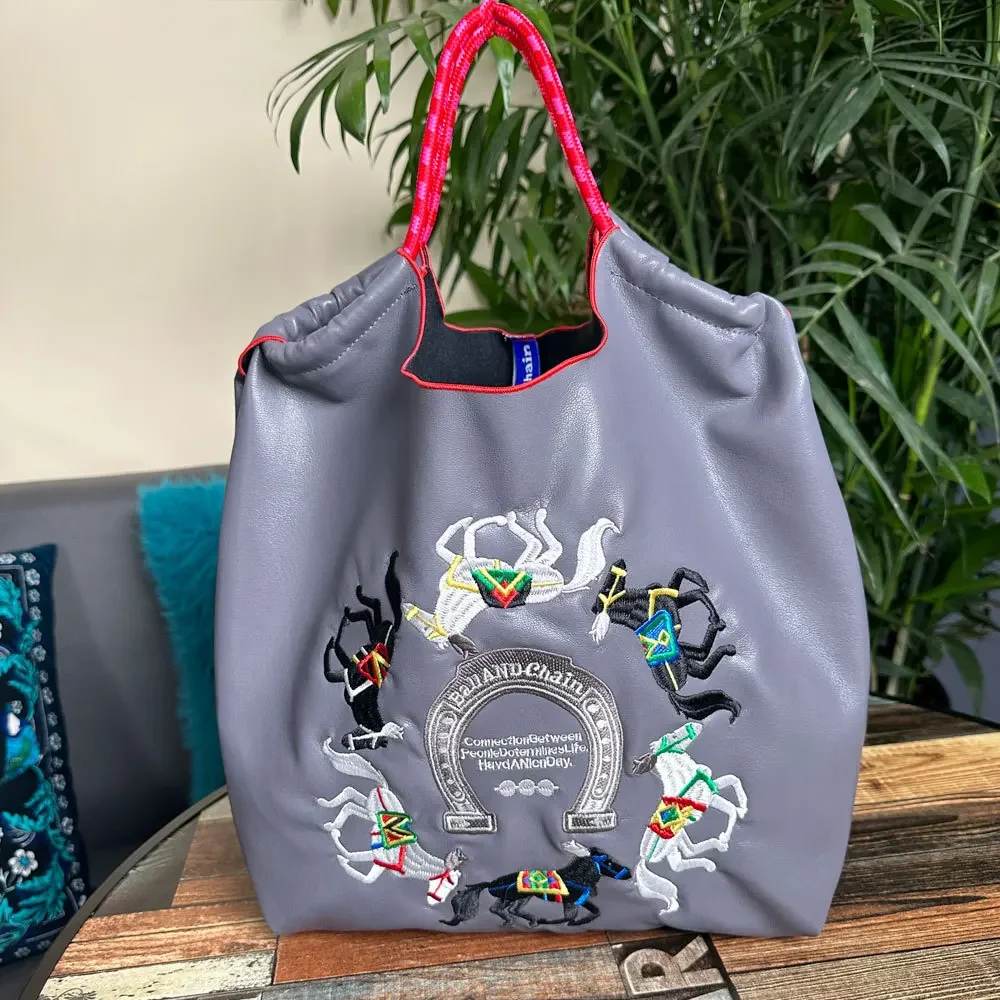 

Horse Embroidery Tote Bags for Women Flower Shoulder Bag Designer Hawaiian Eco Bag Handbags Donuts PU Leather Shopper Purses New