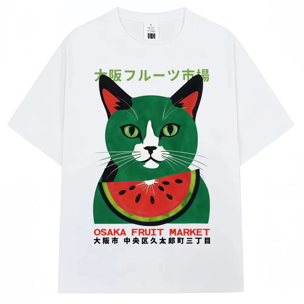 Japanese Style Funny Osaka Fruit Market Cat Print T-shirt Men Women Kawaii Fashion Vintage T Shirts Loose Cotton Casual T Shirt