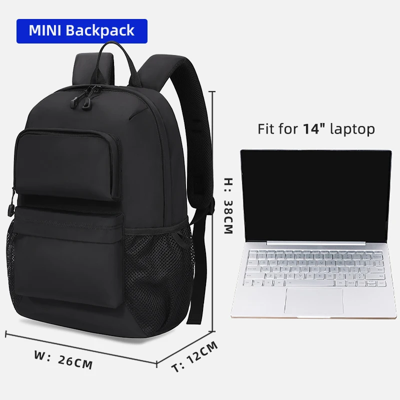 HcanKcan Mini zaino per laptop da uomo antifurto impermeabile Zaino da scuola universitario casual unisex Zaino da viaggio classico nero