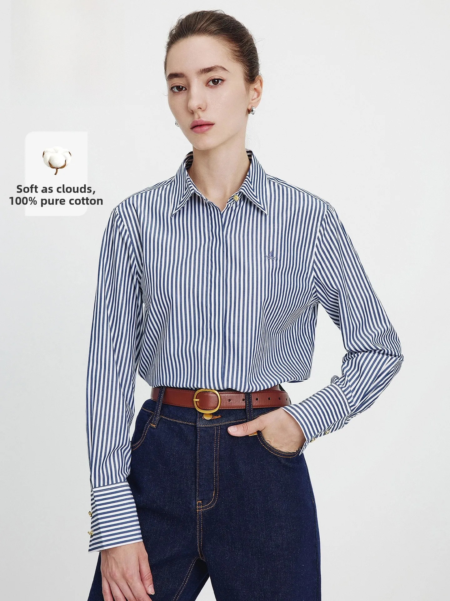 

Женская полосатая хлопковая рубашка Navigare с длинным рукавом, тонкая, для повседневной носки, весенняя новинка, из чистого хлопка, в стиле OL, элегантная